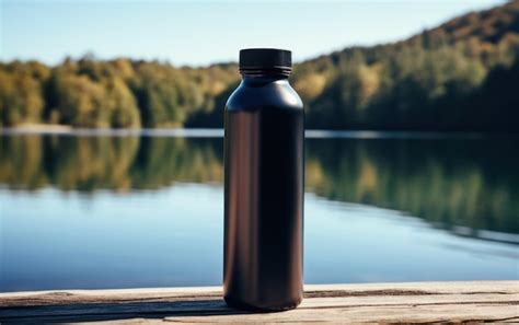 Premium Photo A Black Opaque Water Bottle Rests On A Wooden Deck With