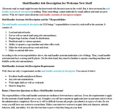 Mail Handler Job Description For Welcome New Staff Room Surf