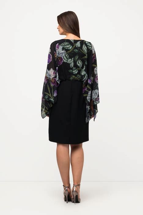 Draped Layered Bodice Floral Dress Black Ulla Popken