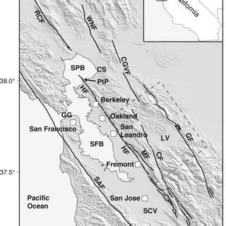 Map of the San Francisco Bay area, California. CF, Calaveras fault ...