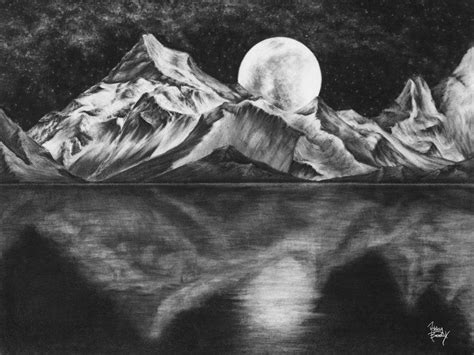 Moonlight Charcoal Art Charcole Drawings Mountain Drawing