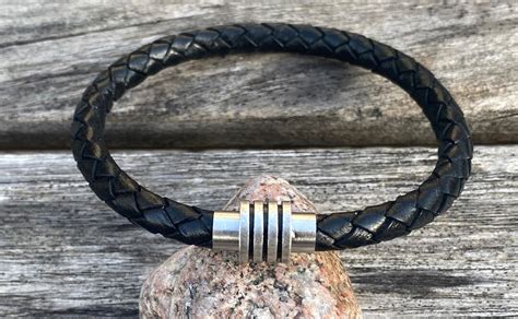 Mens Leather Bracelet With Stainless Steel Magnetic Clasp Mens