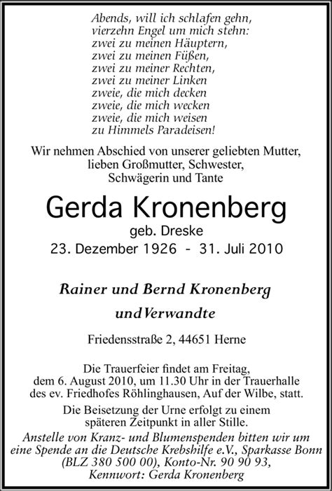 Traueranzeigen Von Gerda Kronenberg Trauer In NRW De