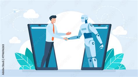 Handshake Of Man And Robot In Mobile Ai Robot And Businessman Shaking