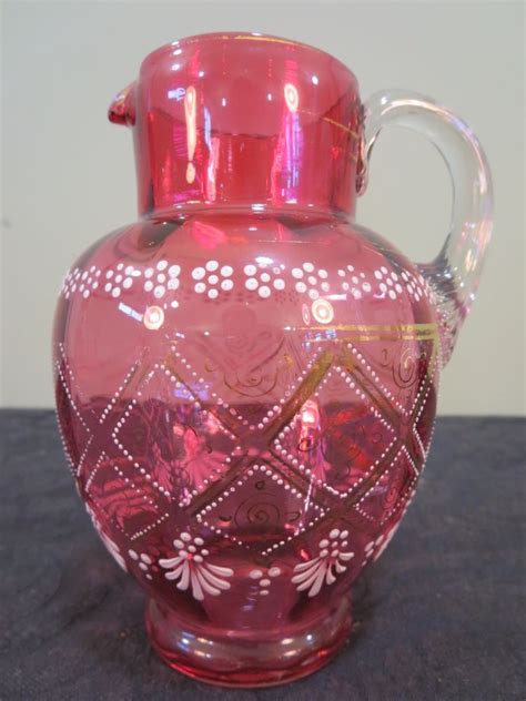 Gorgeous Original Victorian Antique Enameled Gilt Cranberry Glass Water Pitcher Cranberry