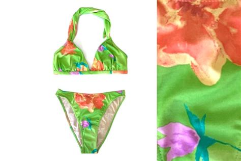Vintage S Green Tropical High Waist High Leg Bikini Gem
