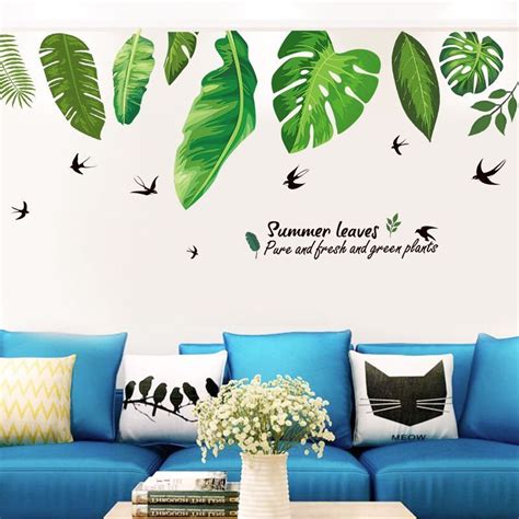 Large Leaf Wall Decals Green Plant Removable Leaves Wallpaper Etsy