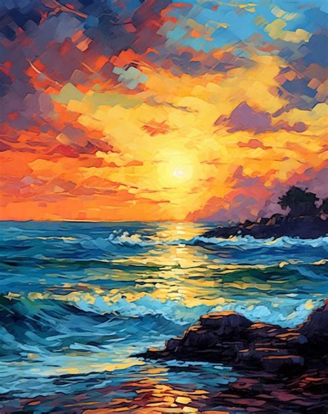 Premium AI Image | Painting of a sunset over the ocean with waves ...