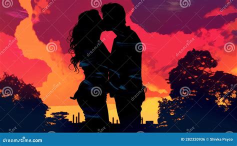 A Silhouette of a Couple Kissing at Sunset Stock Illustration ...