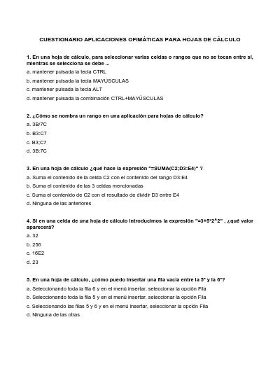 Cuestionario Aplicaciones Ofim Ticas Para Hojas De C Lculo