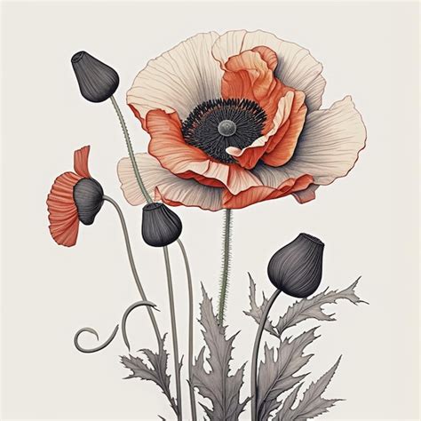 Premium Photo There Is A Drawing Of A Red Poppy Flower With Leaves