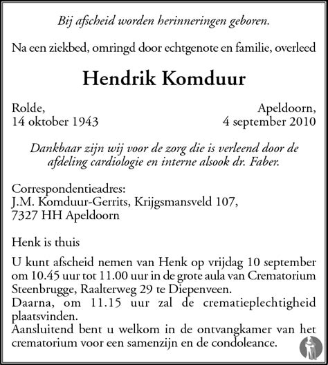 Hendrik Henk Komduur 04 09 2010 Overlijdensbericht En Condoleances