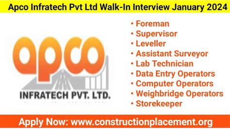 Apco Infratech Pvt Ltd Walk In Interview January 2024 Date 8th January 2024 Monday