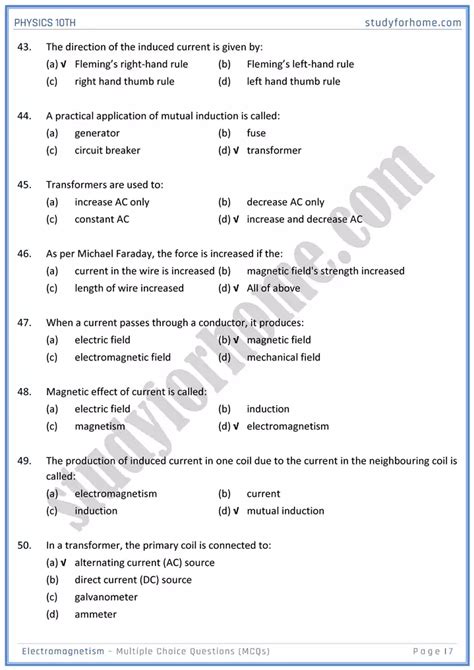 Electromagnetism MCQs Physics 10th