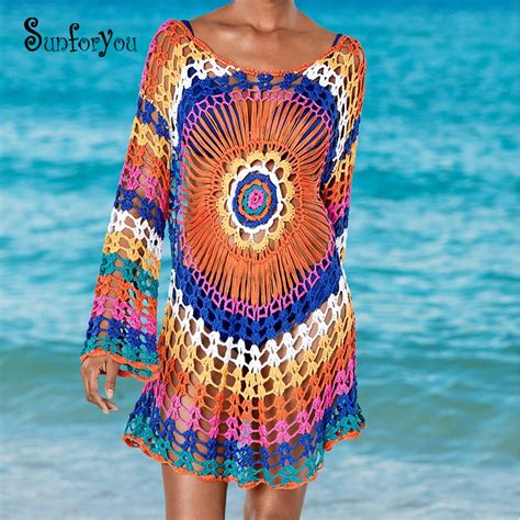 Hand Made Crochet Cover Up Colorful Tunic For Beach Sexy Bikini Cover Up Sarong Beachwear Pareo