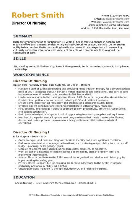 Director Of Nursing Resume Samples Qwikresume