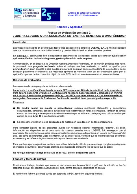 AEF PEC2 2122 2 Enunciado Análisis de Estados Financieros Curso 2021