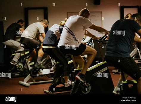 Cycling Class Group Spin Class Workout Stock Photo Alamy