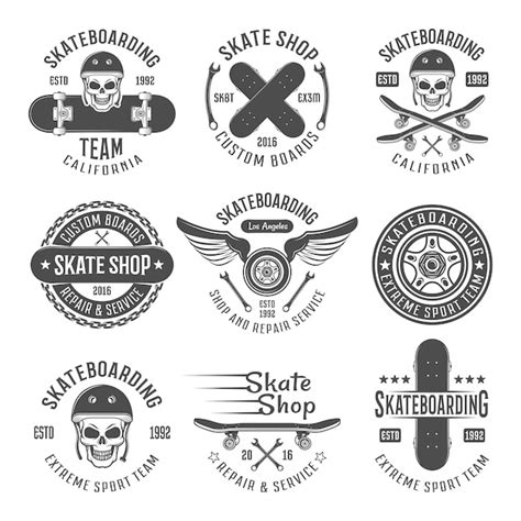 Ensemble D Emblèmes Plat De Tatouage De Skateboard Vintage étiquettes Ou Signes Monochromes