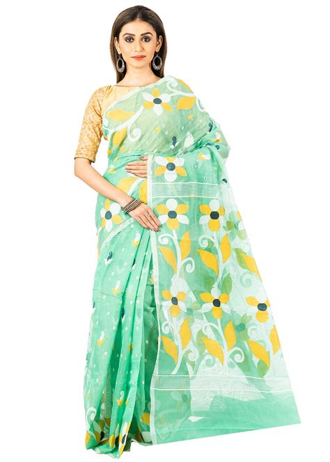 Get Contrast Bog Floral Dhakai Jamdani Soft Silk Sea Green Saree At