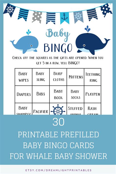 30 Prefilled Baby Shower Bingo Cards Whale Theme Printable Baby Bingo