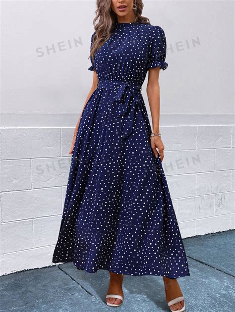 SHEIN VCAY Polka Dot Print Flounce Sleeve Belted Dress SHEIN USA