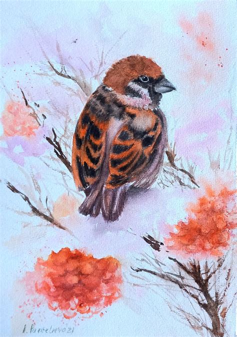 Sparrow Original Watercolor Painting Sparrow On A Branch Rowan Tree