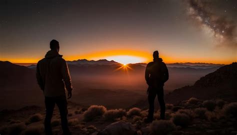 Dos Personas Se Paran En La Cima De Una Monta A Mirando La Puesta De