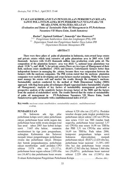Evaluasi Keberlanjutan Pengelolaan Perkebunan Kelapa Sawit Pola Inti