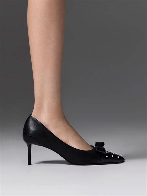 Black Leather Pearl Embellished Pointed Toe Heels Charles And Keith Us