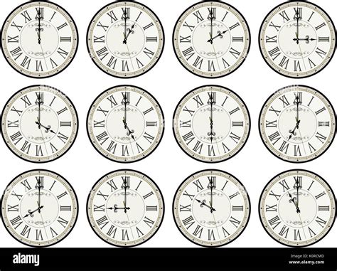 Vintage Clocks Isolated On White Background Each Showing A Different