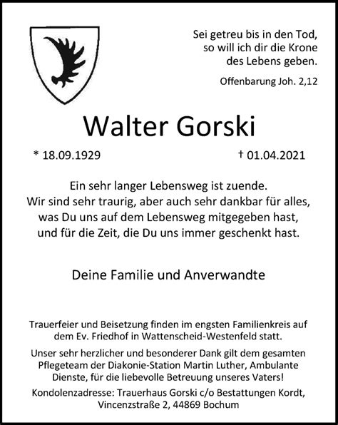 Traueranzeigen Von Walter Gorski Trauer In Nrw De