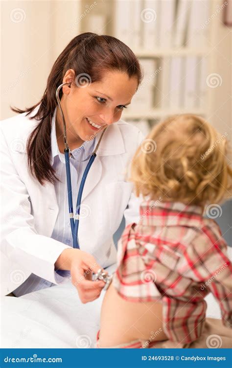 Pediatrician Examine Child Girl with Stethoscope Stock Photo - Image of ...