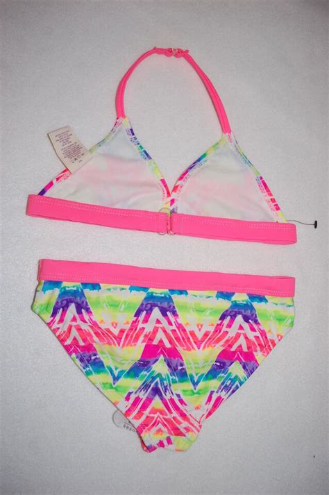 Girls Swimsuit Pc Bikini Set Hot Pink Abstract Neon Triangles Size Xs