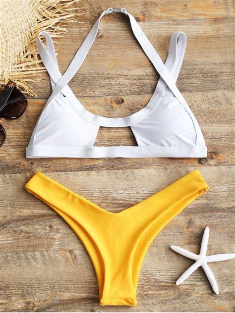 14 OFF 2021 Cut Out High Leg Two Tone Bikini In YELLOW ZAFUL