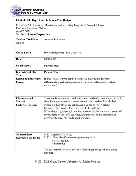 Clinical Field Experience B Lesson Plan Design Lesson Plan Template