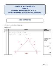 Mathematics Gr 9 Investigation Term 2 MEMORANDUM Congruency And