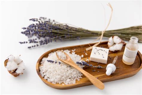 Sea Salt Lavender Soap And Serum On Wooden Tray Stock Image Image Of