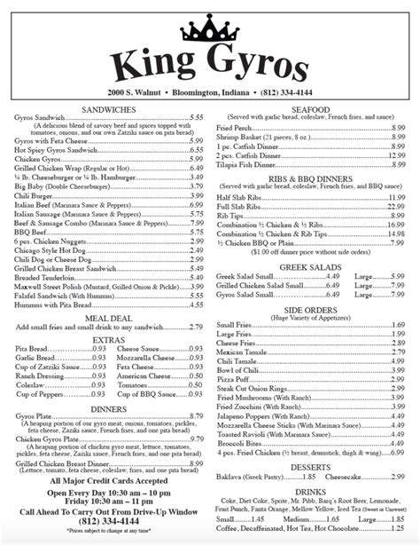 Menu King Gyros Restaurant