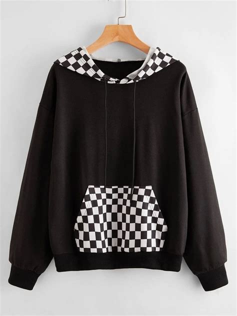 Checkerboard Pattern Drop Shoulder Drawstring Hoodiecheck Out This