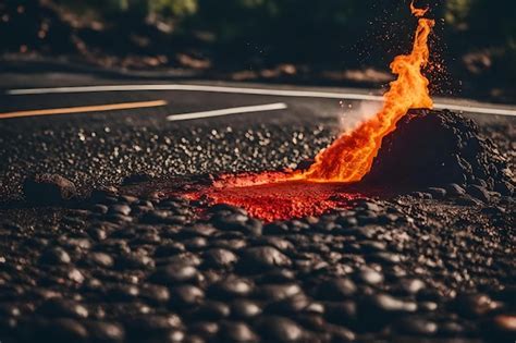 Premium Photo A Black Gravel Road With A Red Hot Lava In The Middle