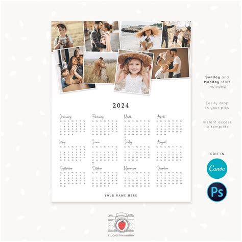 2024 Photo Calendar Template With Stacked Picture Collage Strawberry Kit