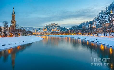 Beautiful Historic City Of Salzburg In Winter At Night Austria