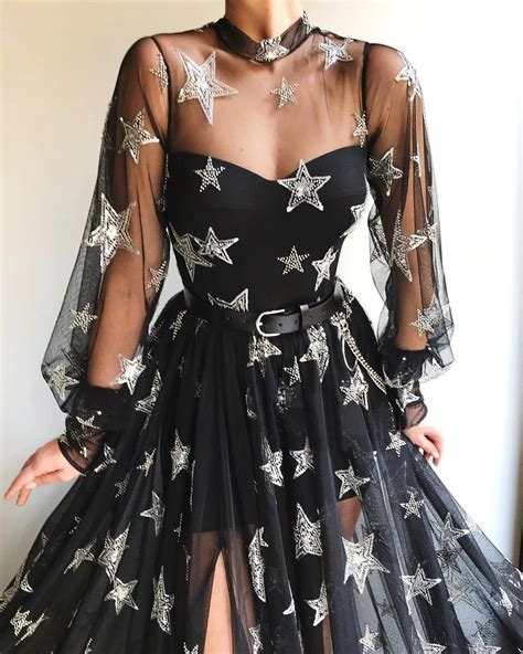 Black High Neck Sparkly Long Sleeve Unique Prom Dress Gorgeous Evening