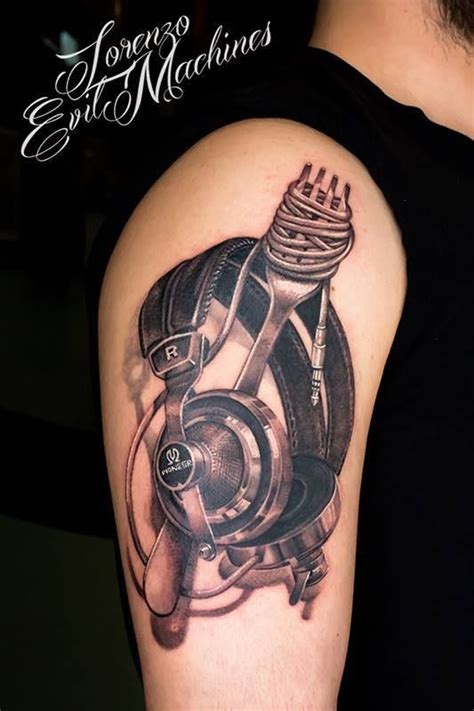 Realistic Black And Gray Tattoo Eye Headphones Tattoo By Lorenzo