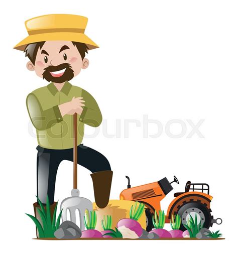 Farmer And Tractor In The Farm Stock Vector Colourbox