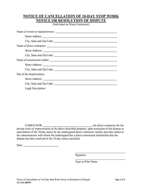 Notice Of Cancellation Of 10 Day Stop Work Form Fill Out And Sign Printable Pdf Template