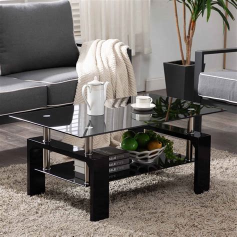 Modern Side Glass Top Coffee Table Living Room Black - Gosmartware