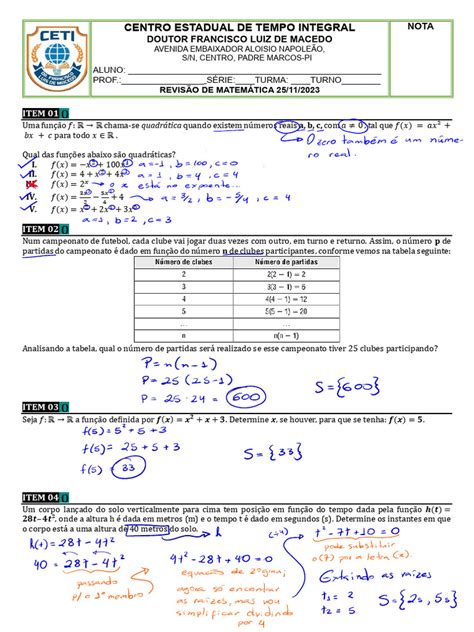 SoluÇÃo 1ºs Anos FunÇÃo QuadrÁtica Pdf