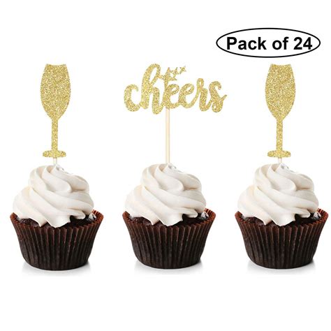 Buy Blumomon 24pcs Gold Glitter Cheers Cupcake Toppers Wine Glass Cake